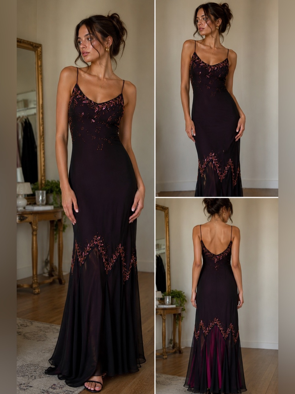 Vintage Y2K XSCAPE Joanna Chen Black Beaded Fairy Evening Dress Gown – Size 8.